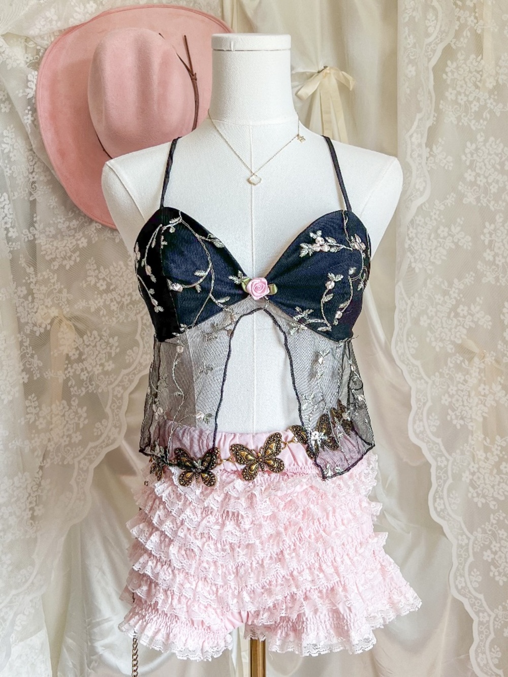 Sheer Embroidered Mesh Babydoll Open Back Top Coquette Fairy Lace Cami Rose Deta
